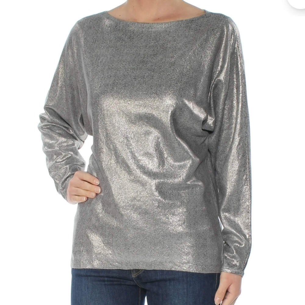 Lauren Ralph Lauren Silver Metallic Long Sleeve Top L